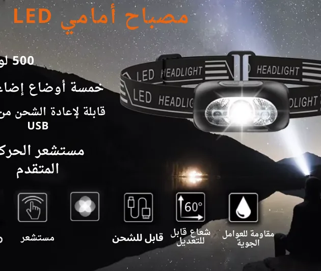 مصباح يدوي للرأس قابل لاعادة الشحن